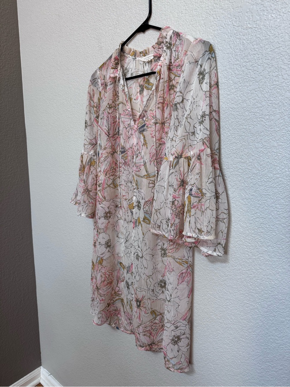 Lucky Brand Sheer Floral Ruffle Sleeve Tunic Dress Women’s XS Boho Coverup